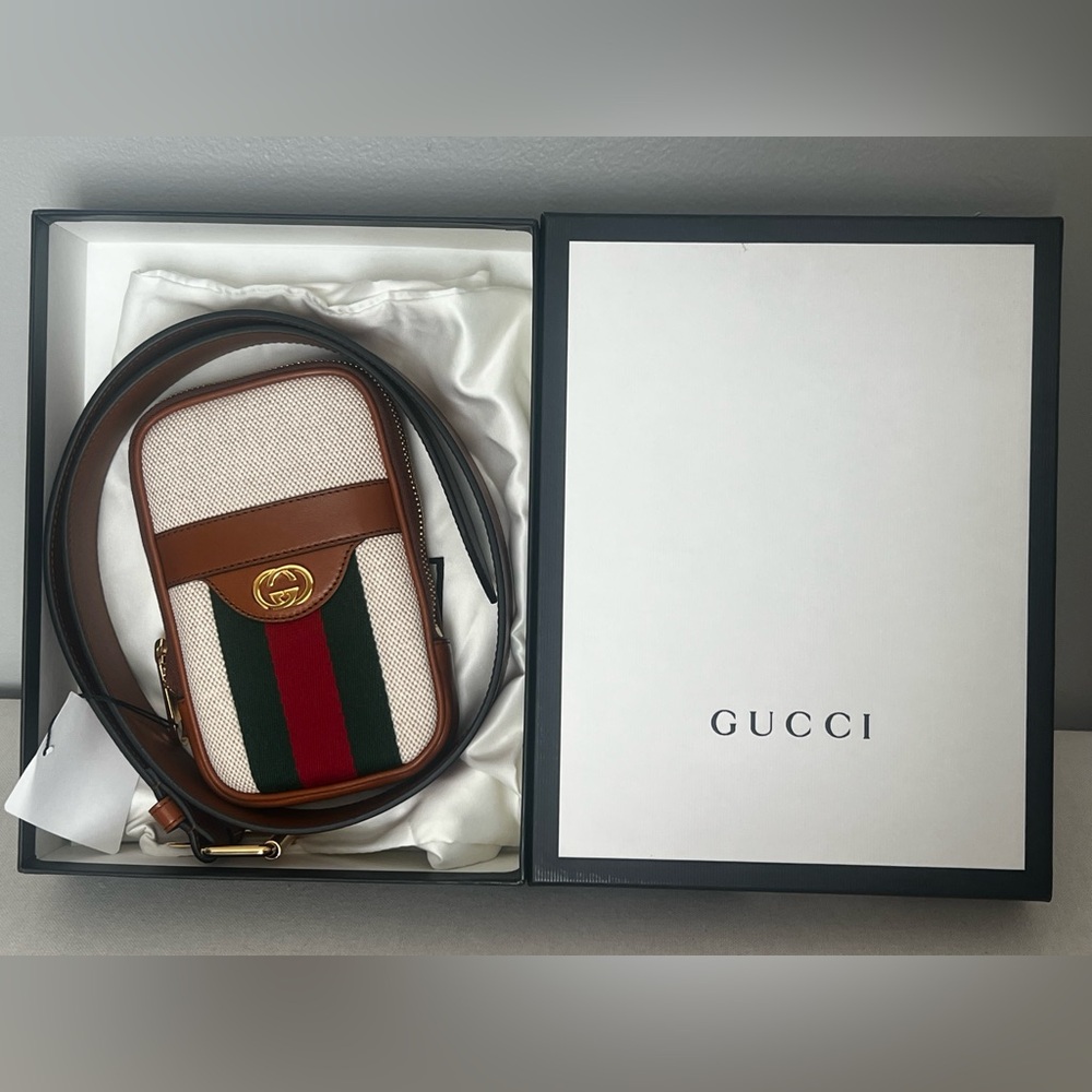 NIB Gucci Canvas and Leather Striped Belt Bag - Picture 8 of 10